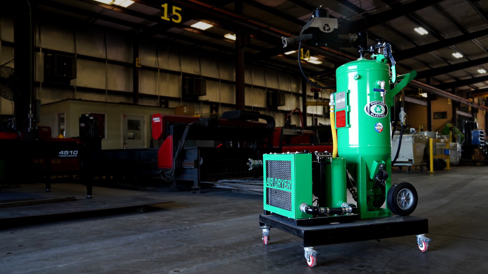 Dustless Blasting's DB350 compressor-ready cart in a workshop.