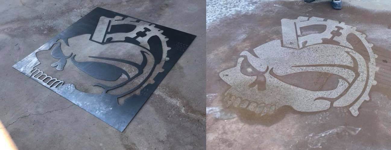 metal template used to etch a skull design into concrete