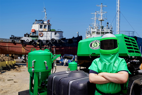Man standing arms crossed in front of a dustless blasting machine which is in front of a large boat.