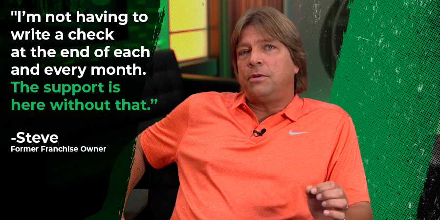 Testimonial from former franchise owner, Steve: "I'm not having to write a check at the end of each and every month. The support is here without that."