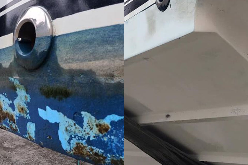heavy paint and rust removed from boat bottom