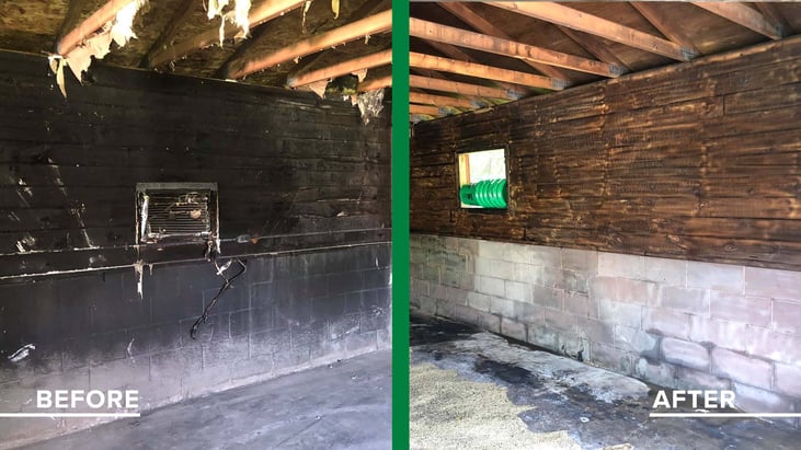 Soda blasting smoke damage with a dustless blasting machine