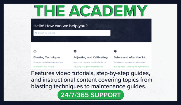 Dustless Blasting's academy features video tutorials, step-by-step guides, and instructional content covering topics from blasting techniques to maintenance guides.
