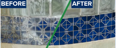 Pool tile before and after calcium removal