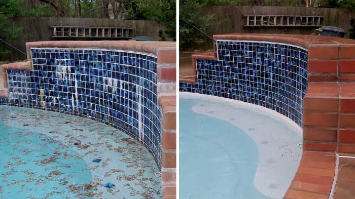 Before and After Soda Blasting Pool Tile